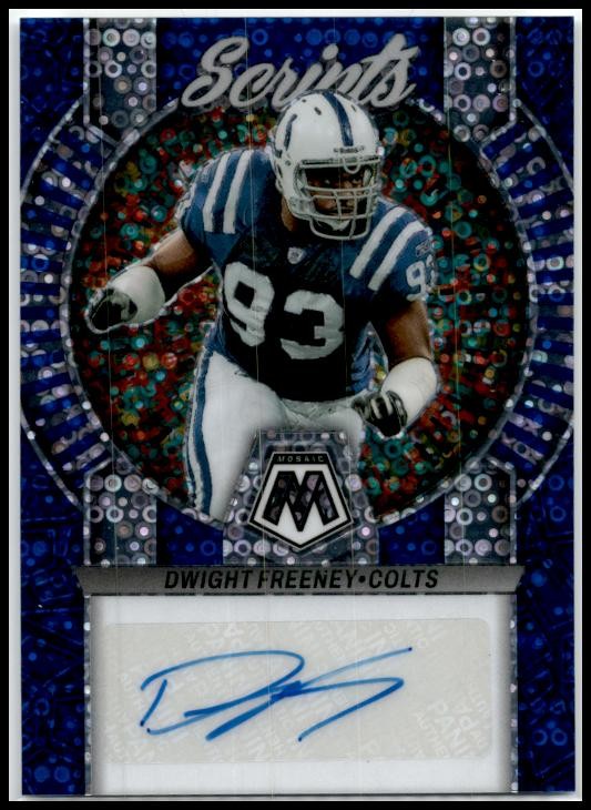 2023 Panini Mosaic Scripts No Huddle Blue #S29 Dwight Freeney Auto Colts