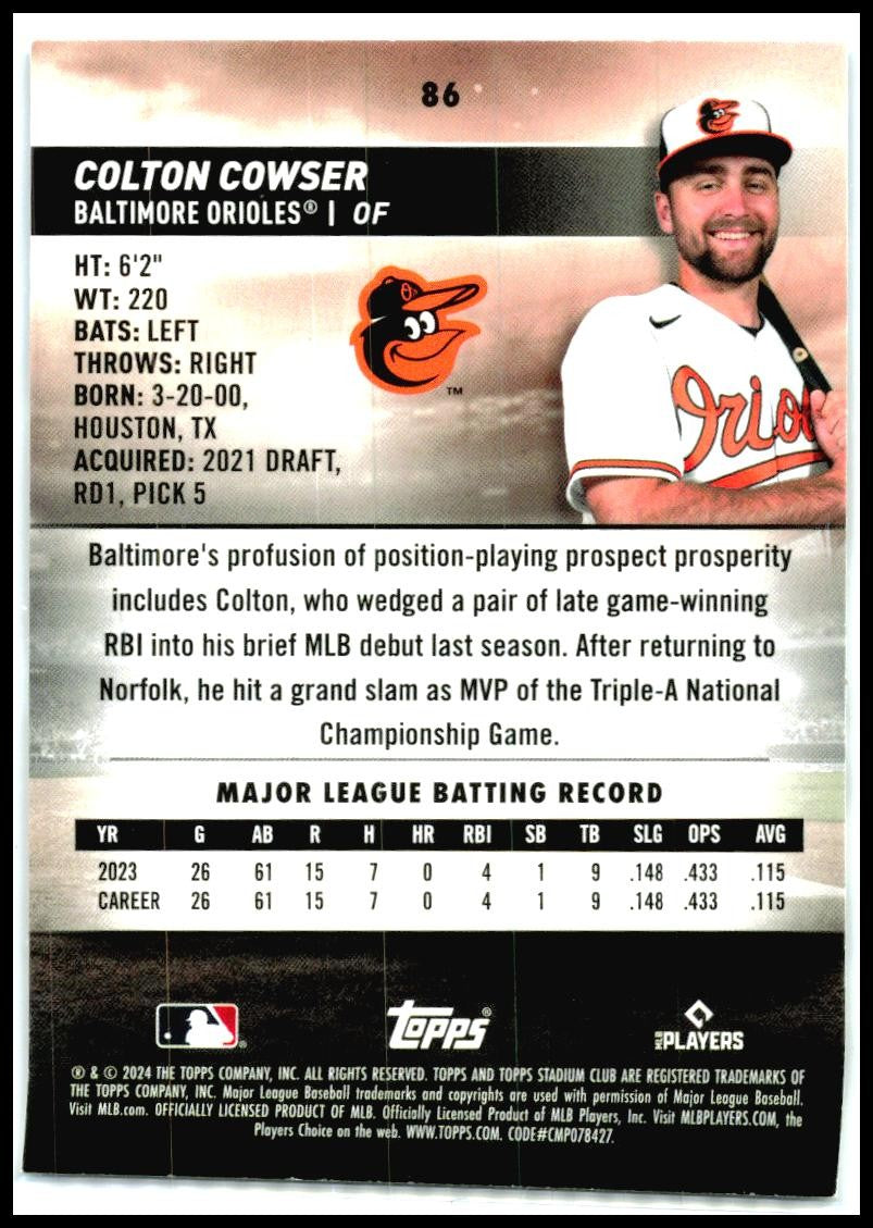 2024 Stadium Club #86 Colton Cowser Baltimore Orioles