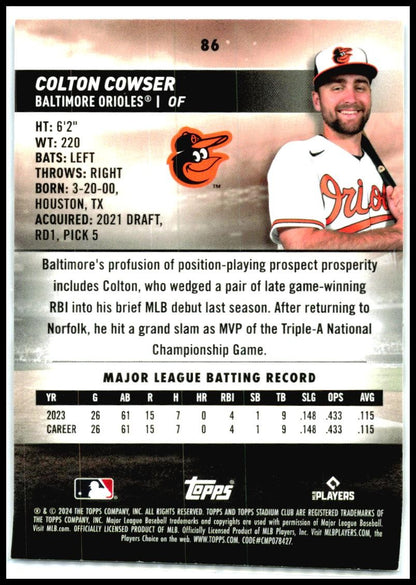 2024 Stadium Club #86 Colton Cowser Baltimore Orioles
