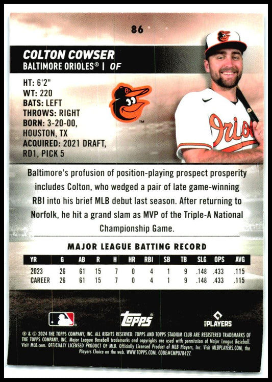2024 Stadium Club #86 Colton Cowser Baltimore Orioles