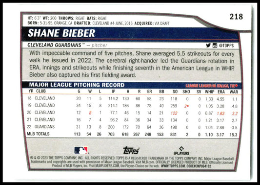 2023 Topps Big League #218 Shane Bieber Cleveland Guardians