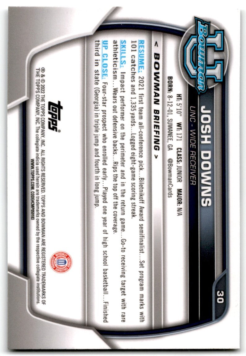 2022 bowman chrome university Josh Downs North Carolina Tar Heels #30