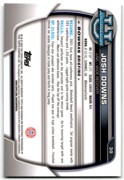 2022 bowman chrome university Josh Downs North Carolina Tar Heels #30