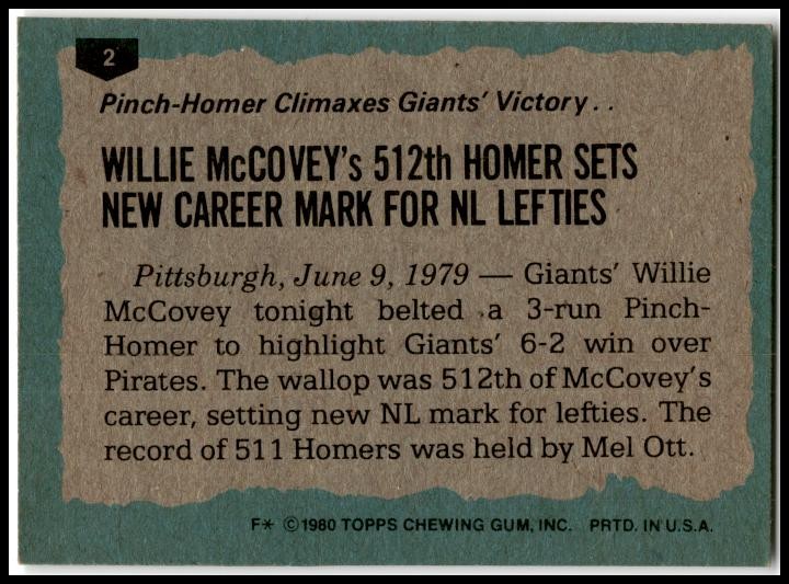 1980 Topps #2 Willie McCovey San Francisco Giants