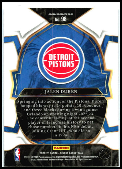 2022-23 Panini Select Blue #98 Jalen Duren Rookie Detroit Pistons