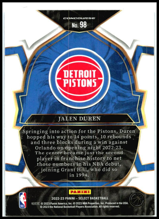 2022-23 Panini Select Blue #98 Jalen Duren Rookie Detroit Pistons