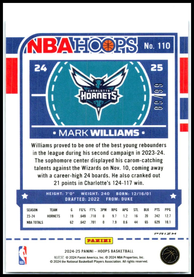 2024-25 Hoops Blue Scope #110 Mark Williams #/99 Charlotte Hornets