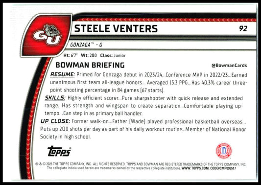 2024-25 Bowman University Chrome Green Shimmer #92 Steele Venters Gonzaga