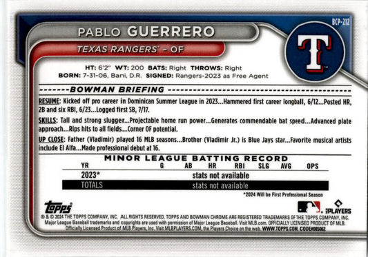 2024 Bowman Chrome #BCP-212 Pablo Gerrero Texas Ranger