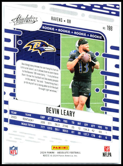 2024 Panini Absolute Retail #198 Devin Leary Rookie Baltimore Ravens