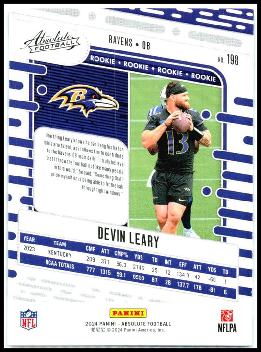 2024 Panini Absolute Retail #198 Devin Leary Rookie Baltimore Ravens