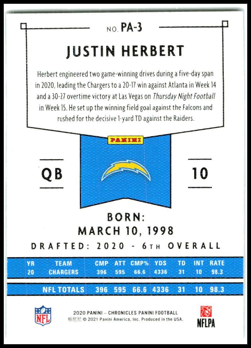 2020 Panini Chronicles Panini #PA-3 Justin Herbert Los Angeles Chargers