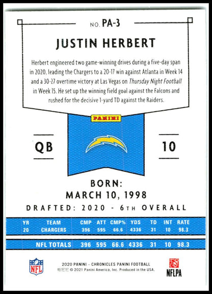 2020 Panini Chronicles Panini #PA-3 Justin Herbert Los Angeles Chargers