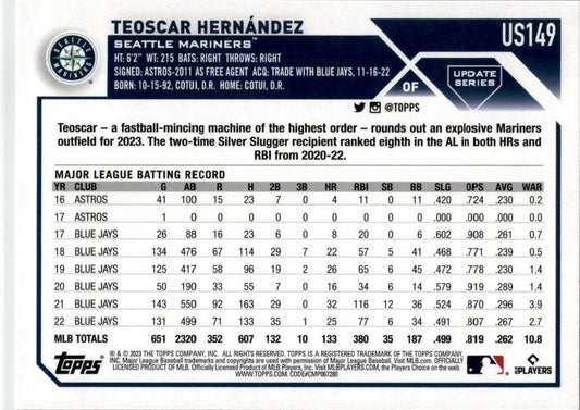 2023 Topps Update Rainbow Foil #US149b Teoscar Hernández Seattle Mariners