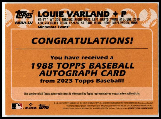 2023 Topps Update 1988 Topps 35th Anniversary Auto #88BA-LV Louie Varland Auto