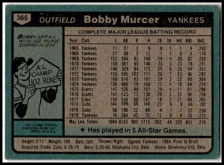 1980 Topps #365 Bobby Murcer New York Yankees