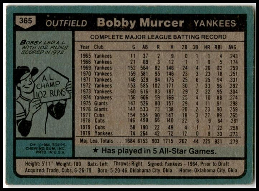 1980 Topps #365 Bobby Murcer New York Yankees