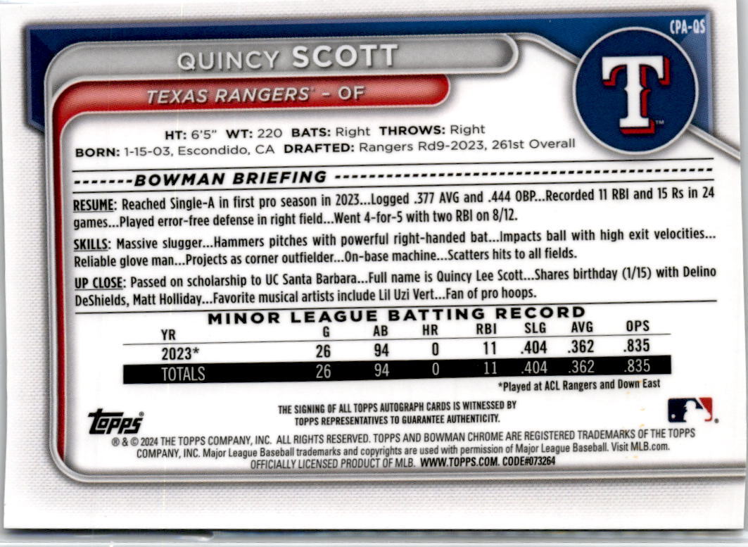 2024 Bowman Chrome Purple #CPA-QS Quincy Scott Texas Rangers Auto /250