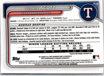 2024 Bowman Chrome Purple #CPA-QS Quincy Scott Texas Rangers Auto /250