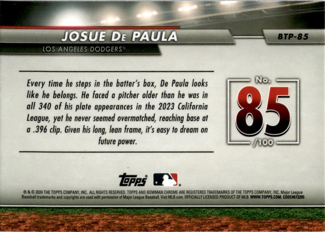 2024 Bowman Bowman Scouts' Top 100 #BTP-85 Josue De Paula Los Angeles Dodgers