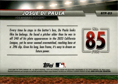 2024 Bowman Bowman Scouts' Top 100 #BTP-85 Josue De Paula Los Angeles Dodgers