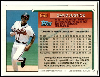 1994 Topps #630 David Justice Atlanta Braves