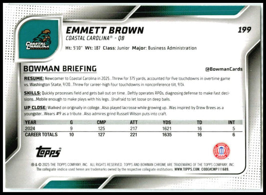 2025 Bowman Chrome University X-Fractor #199 Emmett Brown Costal Carolina