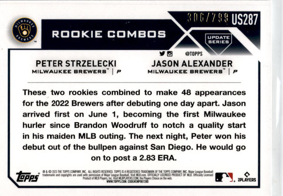 2023 Topps Update Purple Foil #US287 Strzelecki / Alexander Milwaukee Brewers