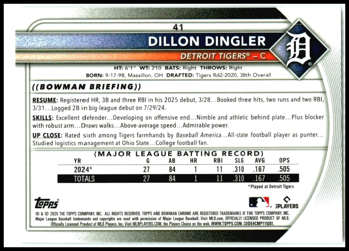 2025 Bowman Chrome Red RC #41 Dillon Dingler Tigers