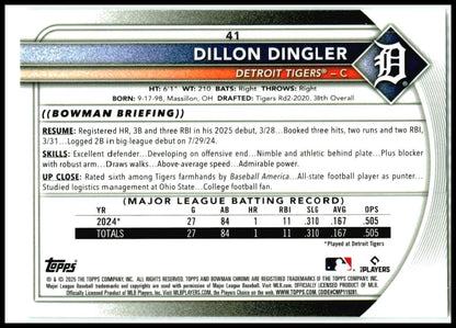 2025 Bowman Chrome Red RC #41 Dillon Dingler Tigers