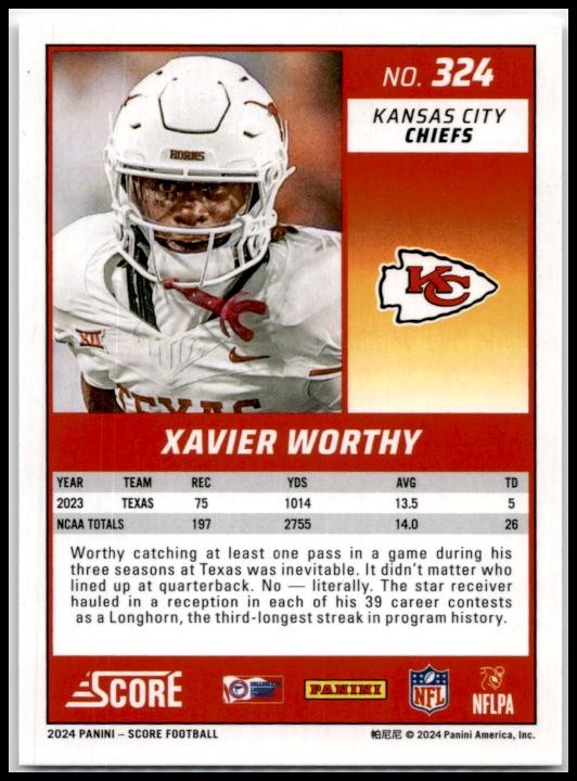 2024 Score #324 Xavier Worthy Rookie Kansas City Chiefs