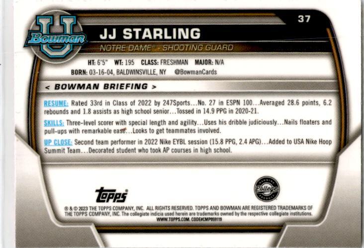 2022-23 Bowman University Chrome Pink #37 JJ Starling Notre Dame Fighting Irish