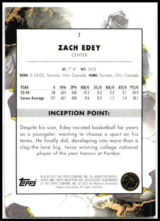 2024-25 Topps Inception Purple #7 Zach Edey Rookie #/150 Memphis Grizzlies