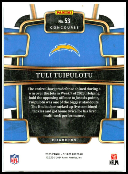 2023 Panini Select #53 Tuli Tuipulotu Rookie Los Angeles Chargers