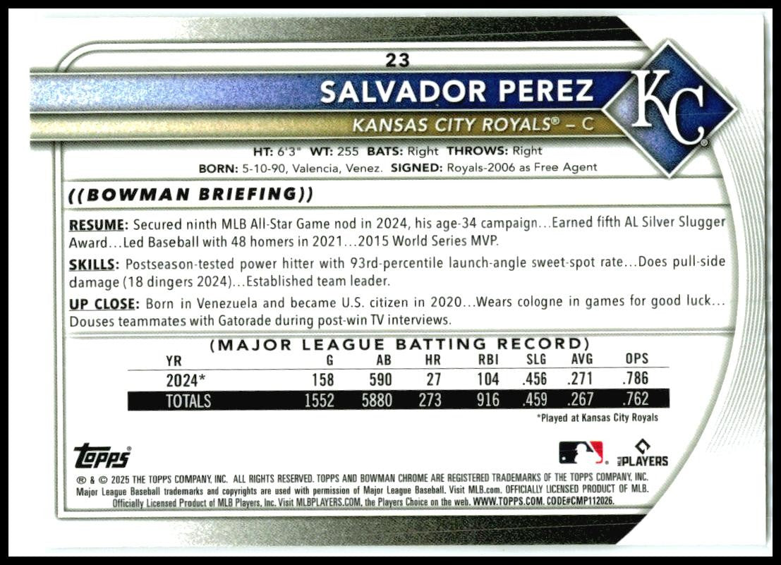 2025 Bowman Chrome #23 Salvador Perez Royals