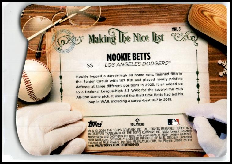 2024 Topps Holiday Making the Nice List #MNL-3 Mookie Betts Los Angeles Dodgers