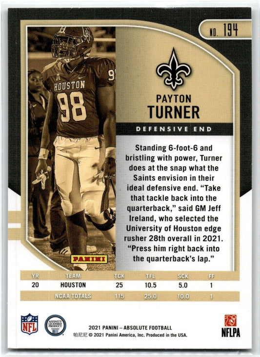 2021 Panini Absolute Payton Turner New Orleans Saints #194