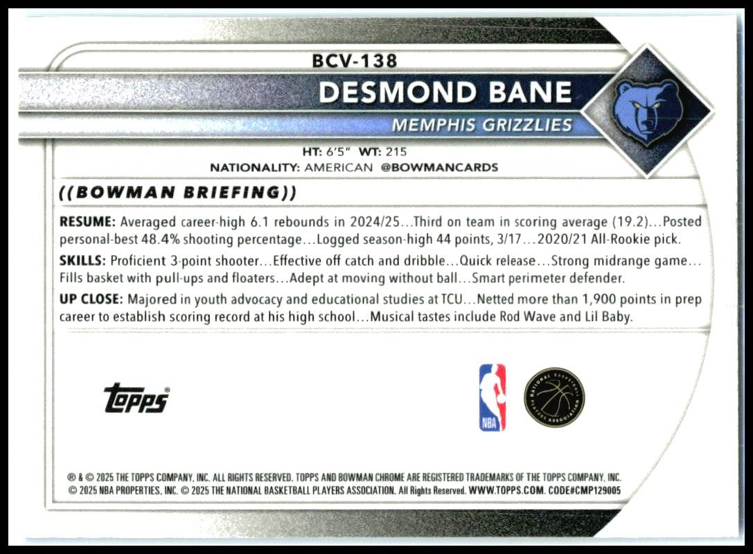2025-26 Bowman Chrome Blue Border /150 #BCV-138 Desmond Bane Memphis