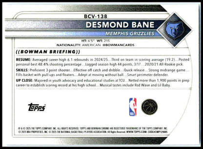 2025-26 Bowman Chrome Blue Border /150 #BCV-138 Desmond Bane Memphis