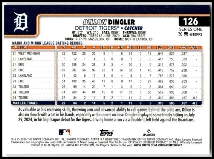 2025 Topps #126 Dillon Dingler Detroit Tigers