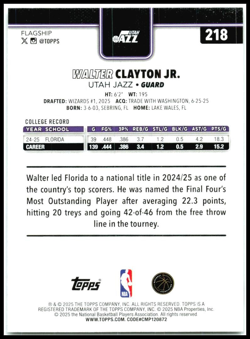 2025-26 Topps Sandglitter #218 Walter Clayton Jr. Rookie Utah Jazz