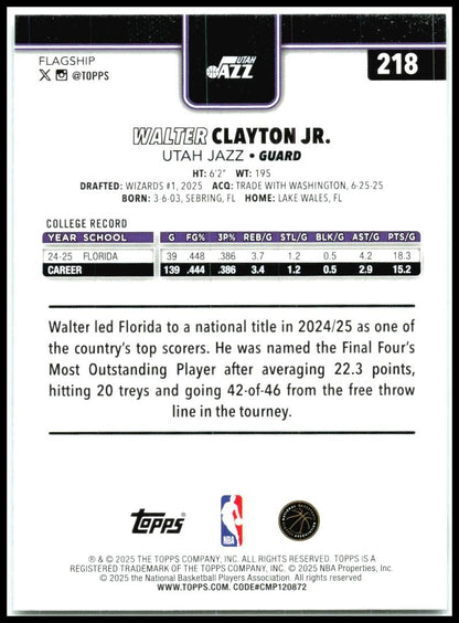 2025-26 Topps Sandglitter #218 Walter Clayton Jr. Rookie Utah Jazz
