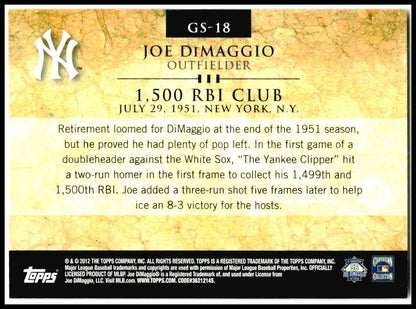 2012 Topps Gold Standard Relics #GSR-JD Joe DiMaggio #/50 New York Yankees