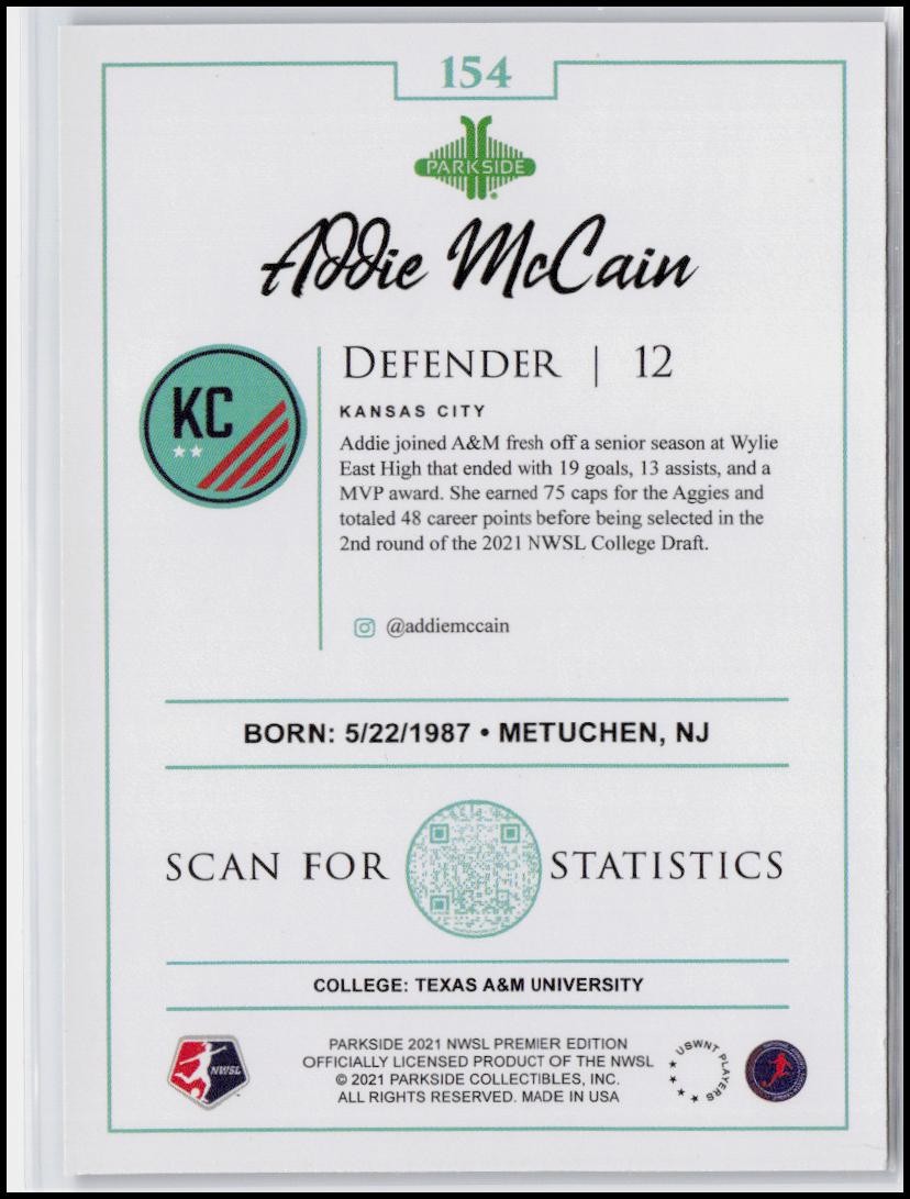 2021 Parkside NWSL Premier Edition #154 Addie McCain