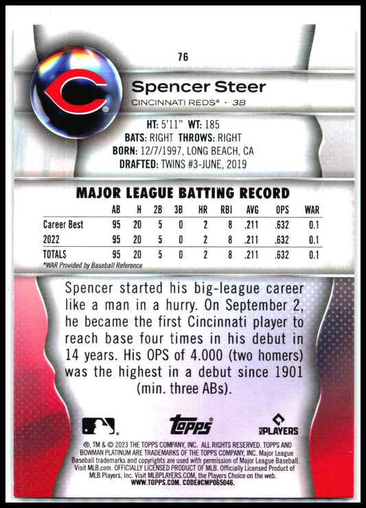 2023 Bowman Platinum #76 Spencer Steer Rookie Cincinnati Reds