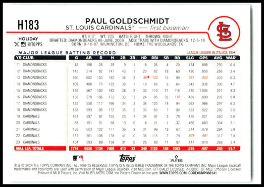 2024 Topps Holiday Blue Metallic Glitter #H183 Paul Goldschmidt St. Louis