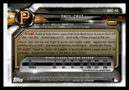 2018 Bowman Draft Chrome  Refractor #BDC-40 Oneil Cruz Pittsburgh Pirates