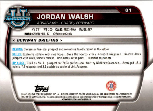 2022-23 Bowman University Chrome #81 Jordan Walsh Arkansas Razorbacks