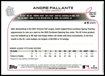 2022 Topps Chrome Update #USC107 Andre Pallante Rookie St. Louis Cardinals