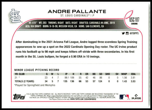 2022 Topps Chrome Update #USC107 Andre Pallante Rookie St. Louis Cardinals